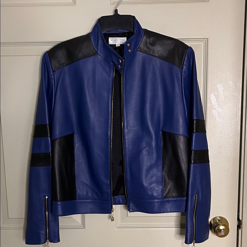 St. John Sport by Marie Gray Royal Blue and Black Leather Bomber Jacket